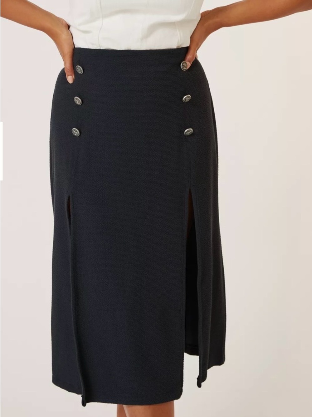 NWT Anthropologie Maeve Dual Split Button Nautical Midi Skirt Navy Blue Size 10